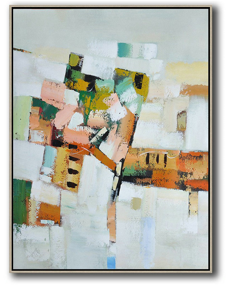 Abstract Painting Extra Large Canvas Art,Vertical Palette Knife Contemporary Art,Big Painting,Grey,White,Yellow,Orange,Pink.Etc
